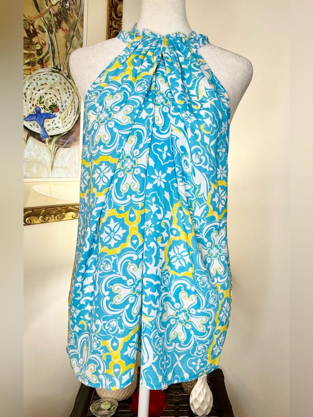 Ann Taylor Petite LP Blouse Blue Yellow Print Halter Ruffle Neck Sleeveless Top